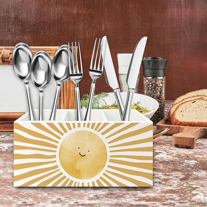 QZQE Boho Yellow Sunshine Pen Pencil Holder Organizer for Desk, Cute Smile Groovy Sun Sunshine Wooden Box Signs Decorations for Kids Room Home Classroom Desk Tabletop
