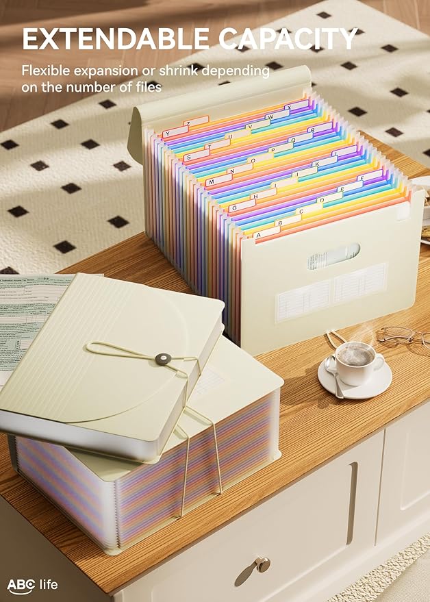 ABC life 26-Pocket Accordion File Organizer, Expanding File Folder, Letter/A4 Size Plastic Monthly Bill & Tax Receipt Holder with A-Z Tabs for Home, Office, Classroom - Beige Color