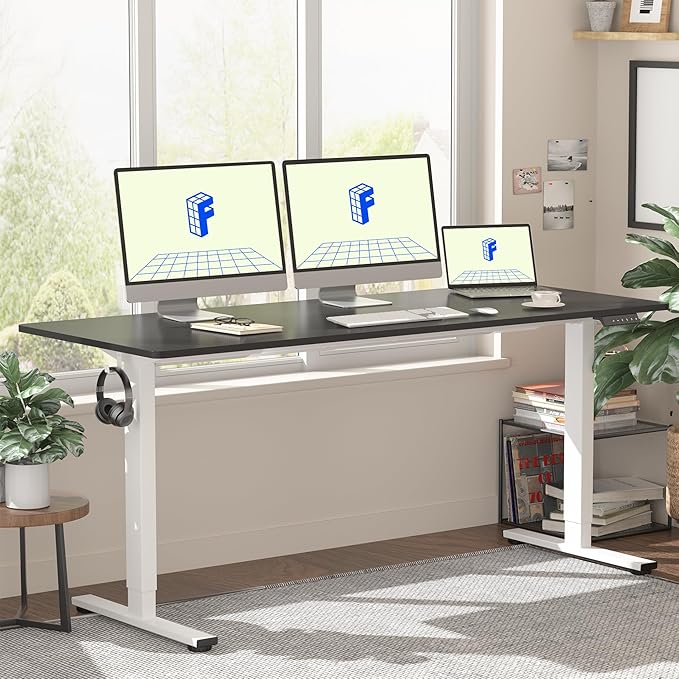 FLEXISPOT EN1 One-Piece Standing Desk with 1-Inch Thick Seamless Desktop, 60"x24" Electric Height Adjustable Desk for Home Office, Multi-Monitor Setups & Easy Assembly, Black