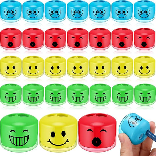 Crtiin 48 Pcs Back to School Pencil Sharpeners for Kids Cartoon Smile Small Pencil Sharpener Handheld Manual Dual Holes Gifts for School Office Art Room