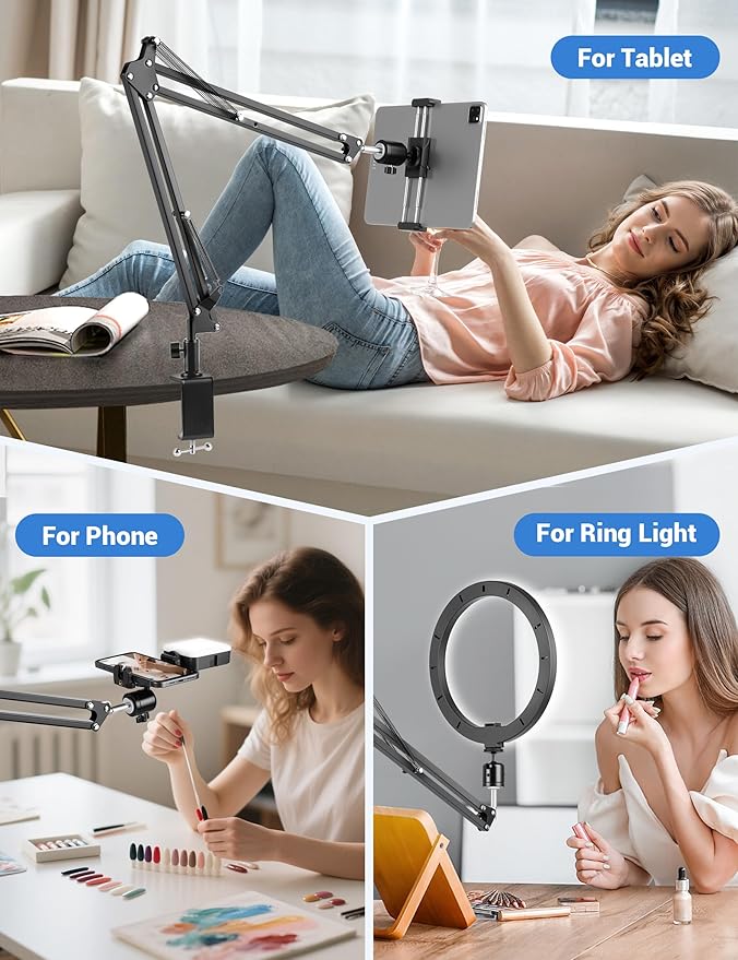 Evekea Overhead Camera Mount, Desk Camera Mount with 360° Adjustable Arm and Phone Holder for DSLR Cameras/iPhone/Webcam/Ring Light, Desk Phone Stand for Video Recording,Zoom Meeting,YouTube,TikTok