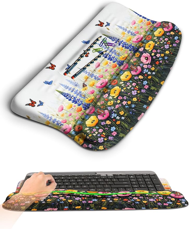 KUOSGM Ergonomic Wave Wrist Rest with Keyboard Stand, Cushioned Palm Rest, Comfortable Integrated Memory Foam for Natural Typing and Relieve Wrist Pain, Flowers and Butterflies