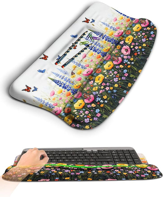 KUOSGM Ergonomic Wave Wrist Rest with Keyboard Stand, Cushioned Palm Rest, Comfortable Integrated Memory Foam for Natural Typing and Relieve Wrist Pain, Flowers and Butterflies