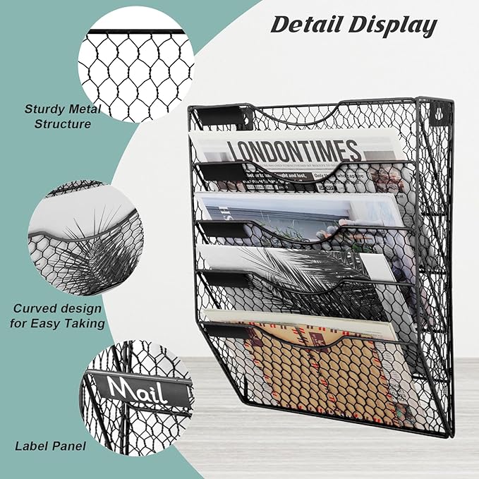 EASEPRES Mail Organizer Wall Mount, 5 Tier Metal Chicken Wire Hanging File Holder Office Storage and Organization