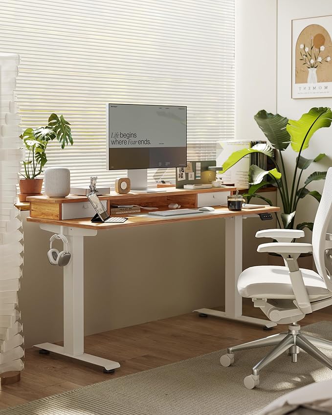 FEZIBO 48'' x 24'' Standing Desk with Double Drawers, Adjustable Desk, Home Office Stand Up Table with 4 Height-Adjustable Feets & 2 Hooks, Light Rustic