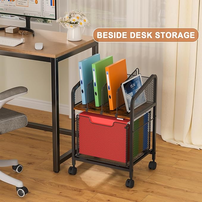 Tiaoheka Rolling File Cabinet with Adjustable Dividers, Vertical Filing Cabinet with Storage Drawer on Lockable Wheels, Hanging File Organizer Beside Under Desk for Office, Home（Patent Pending）