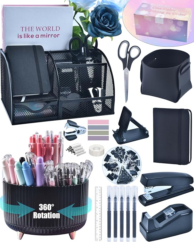 LXEVIHK 20Pcs Black Desk Organizers and Accessories With Mesh Desk Organizer and 360°Rotating Pen Holder and a Lot of Office Black Office Supplies Beautifully Presented in a Gift Box