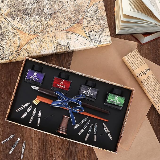 YICMY Calligraphy Pen Set,Calligraphy Set For Beginners Includes Oblique Pen Wooden Calligraphy Pen 12 Pen Nibs & 4 Different Color Inks Dip Pen Set Fountain Pen Set Retro Gift