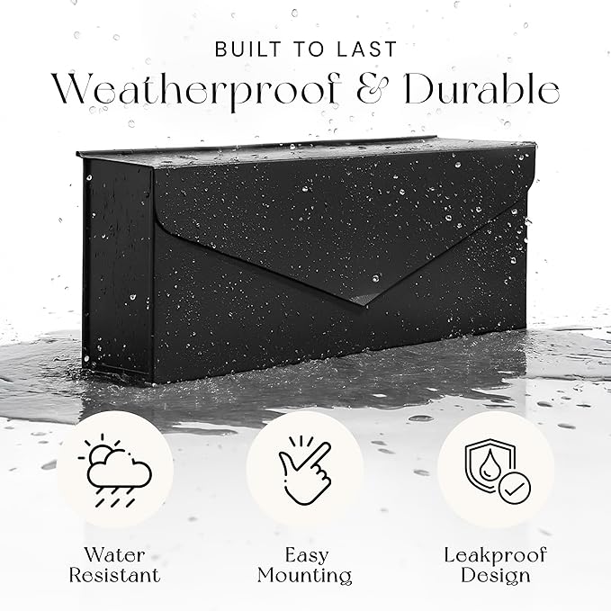 NACH Black Envelope Wall Mount Mailbox, Rust Resistant Metal Mailbox, Black Mailbox Wall Mount, Mailboxes for Outside Wall Mount, Outdoor Mailboxes, Wall Mailbox, 14.1 x 3.5 x 6 Inches, MB-6915BLK