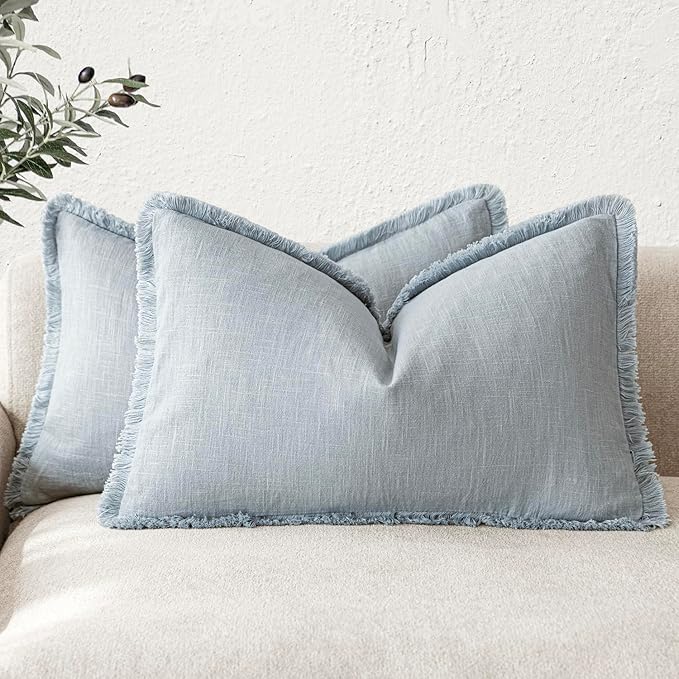 Foindtower Set of 2 Decorative Linen Fringe Lumbar Throw Pillow Covers Boho Farmhouse Cushion Cover with Tassels Soft Accent Pillowcase for Couch Sofa Bed Living Room Home Decor,12×20 Inch,Sky Blue