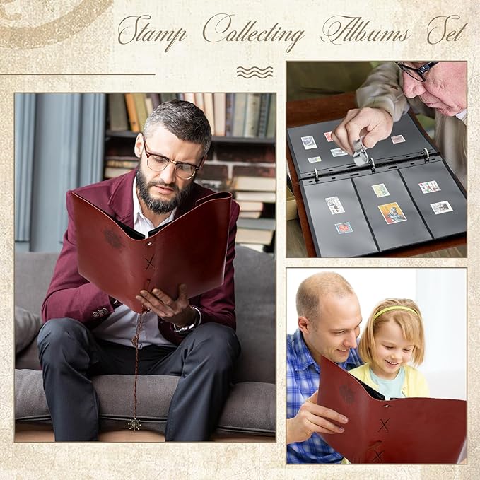 Lewtemi Stamp Collecting Albums Set Stamp Collection Book Include 20 Pages Album Binder Tweezer and Loop Magnifier Collecting Supplies for Collectors (Brown Pirate,1/2/3/4 Rows)