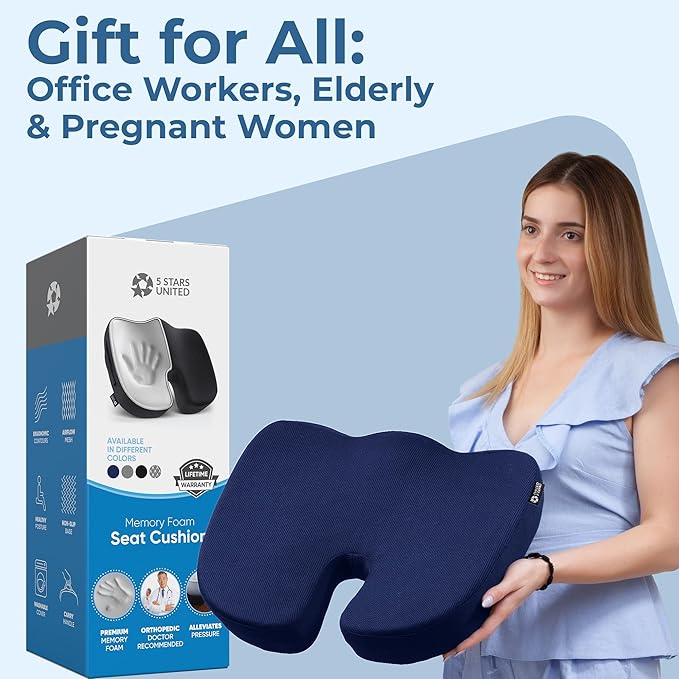 5 STARS UNITED Seat Cushion for Tailbone Pain Relief – Memory Foam Cushion for Coccyx, Hip, Hemorrhoid, Sciatica & Post-Surgery Recovery – Wheelchair, Car, Desk, Gaming & Office Chairs, D Blue