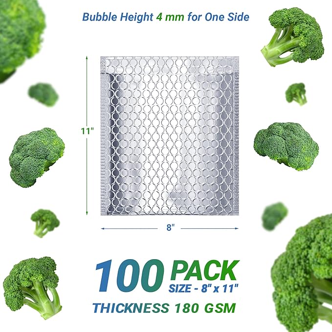 Amiff Silver Thermal Bubble Mailer, 8 x 11 Inches. 100 Pack Metallic Bubble Mailers. Self-Seal Insulated Mailers for Cold Shipping. Padded Envelopes Waterproof. Thermal Bag for Food, Cosmetics