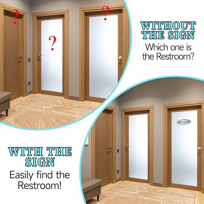 Restroom Sign Sticker for Business & Home, Self-Adhesive Brushed Silver Elegant Bathroom Signs for Door, Durable & Waterproof Unisex Restroom Signage for House Toilet, Office, Store, Shop