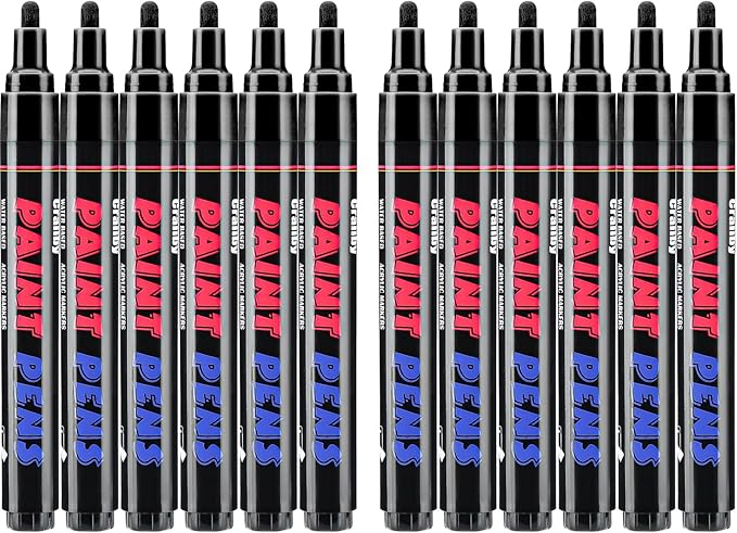 Craiiby Black Paint Pens Paint Markers - 12 Pack Permanent Quick Dry Waterproof Marker Pens for Rocks Wood Fabric Plastic Canvas Glass Mugs Metal Tire Stone