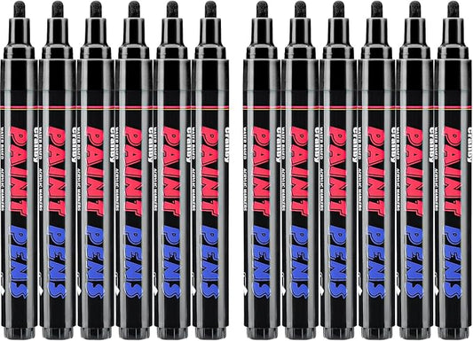 Craiiby Black Paint Pens Paint Markers - 12 Pack Permanent Quick Dry Waterproof Marker Pens for Rocks Wood Fabric Plastic Canvas Glass Mugs Metal Tire Stone
