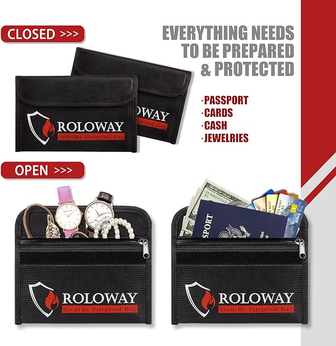 ROLOWAY Small Fireproof Bag (5 x 8 inches), Non-itchy Fireproof Money Bag for Cash, Valuables, Passport, Currency & Keys (2-Pack Black)