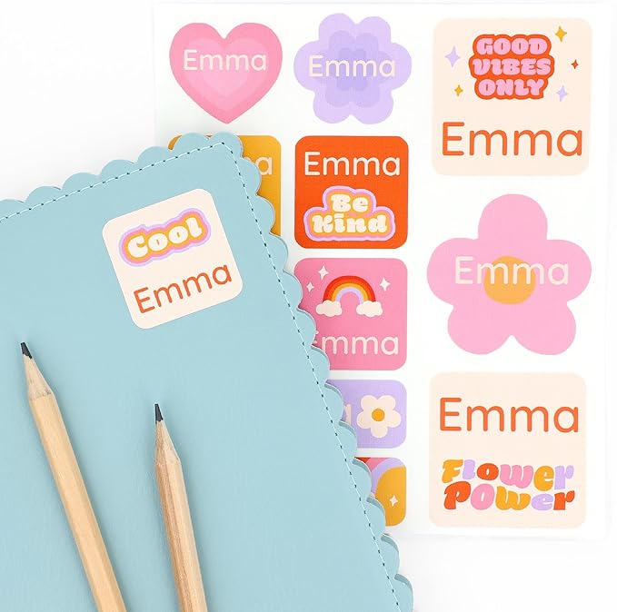 Large Name Labels for Kids (33) - Custom Stickers for Daycare and School Supplies - Durable, Waterproof Stickers for Water Bottles, Lunch Boxes, and More with Unique Designs - Flower Power