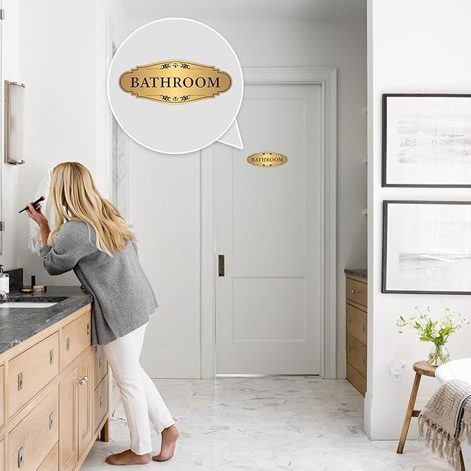 Bathroom Sign Sticker for Business and Home，Self-adhesive Brushed Gold Bathroom Decor for Door，Waterproof Vinyl Restroom Sign for House, Office, Shop