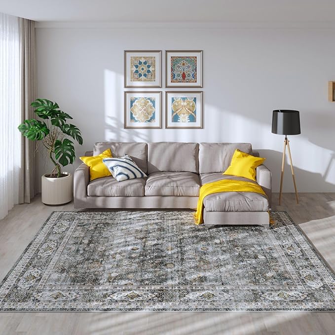 Rugcomf Area Rug 5x7 Washable Rug Boho Soft Non-Slip Non-Shedding Faux Wool Vintage for Living Room, Bedroom Rug, Farmhouse, Dining Room, Indoor, Kids Playroom (Grey)