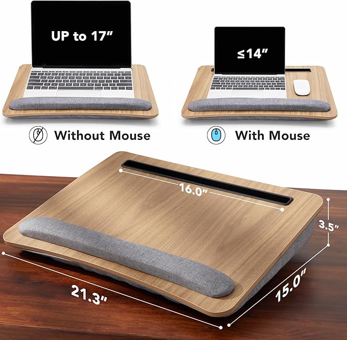 HUANUO Lap Laptop Desk - Portable Lap Desk with Pillow Cushion, Fits up to 17 inch Laptop, with Anti-Slip Strip & Storage Function for Home Office Students Use as Computer Laptop Stand, HNLD28WN
