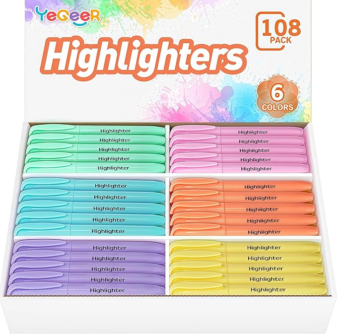 YEGEER Highlighters Bulk, Chisel Tip Dry-Quickly Highlighter Markers, 108 Count-6 Assorted Colors Highlighters Bulk Pack for Adult Kids, Office Classroom Must Have, School Supplies for Teachers
