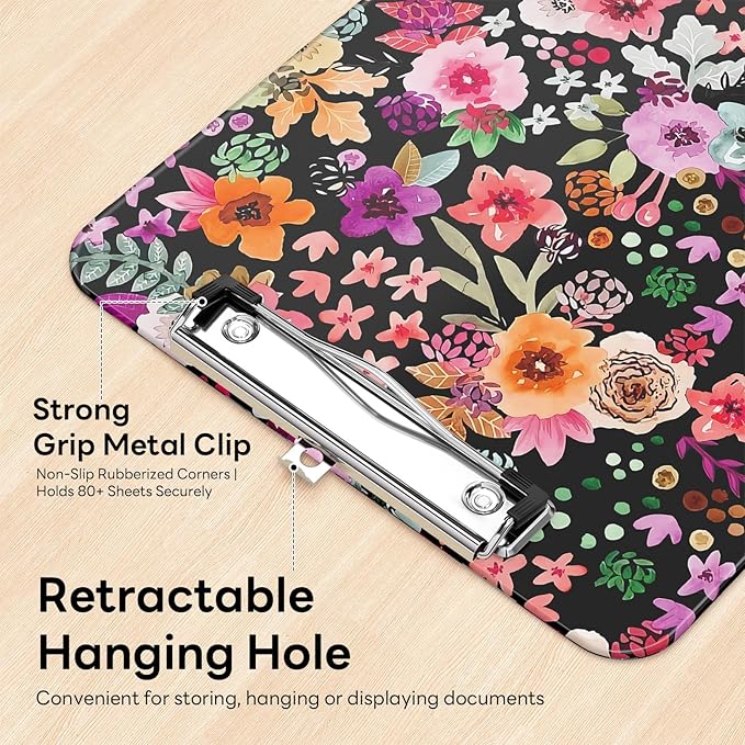 Luminzo Plastic Cute Clipboard Low-Profile Metal Clip, A4 Letter Size 9 x 12.5 in, 8.5 x 11 Paper Clip Board for Teachers, Nurses, Classroom,Watercolor Flower