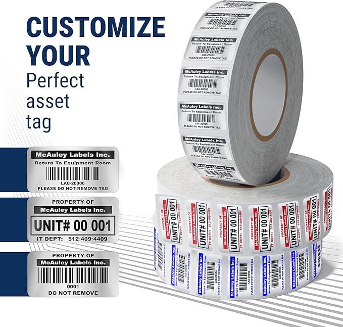 McAuley Labels Custom Asset Tags for Equipment - Numbered, Permanent - Heavy Duty Metalized Polyester, Stronger Adhesive - Barcode Label - 1.5x0.75 Inches