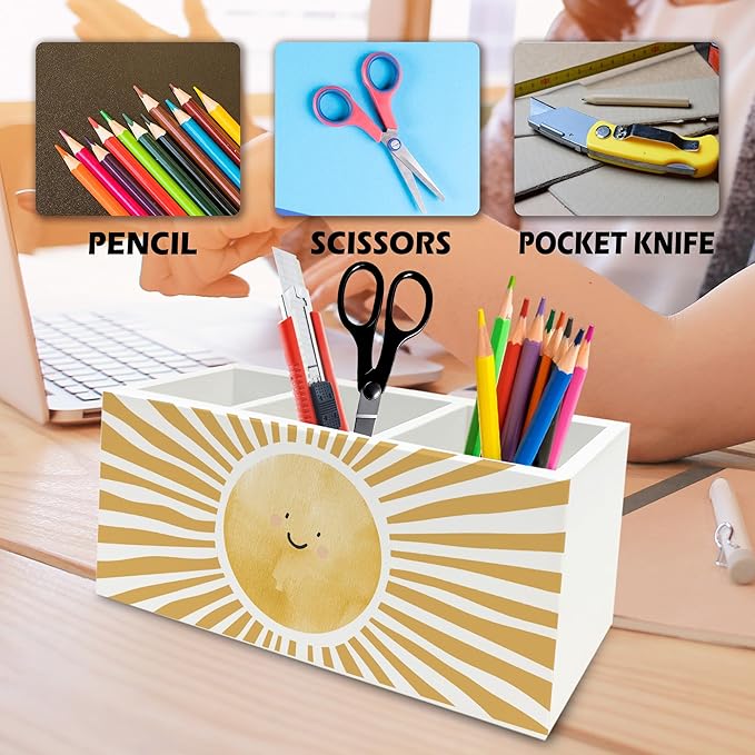 QZQE Boho Yellow Sunshine Pen Pencil Holder Organizer for Desk, Cute Smile Groovy Sun Sunshine Wooden Box Signs Decorations for Kids Room Home Classroom Desk Tabletop