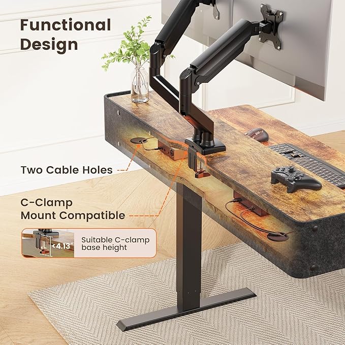 ErGear Standing Desk with LED Strip, 55″ x 28″ Electric Height Adjustable RGB Gaming Table with Shelf, Sit Stand Desk with Dual Cable Holes, C-Clamp Mount Compatible, 4 Preset Heights, Vintage Brown