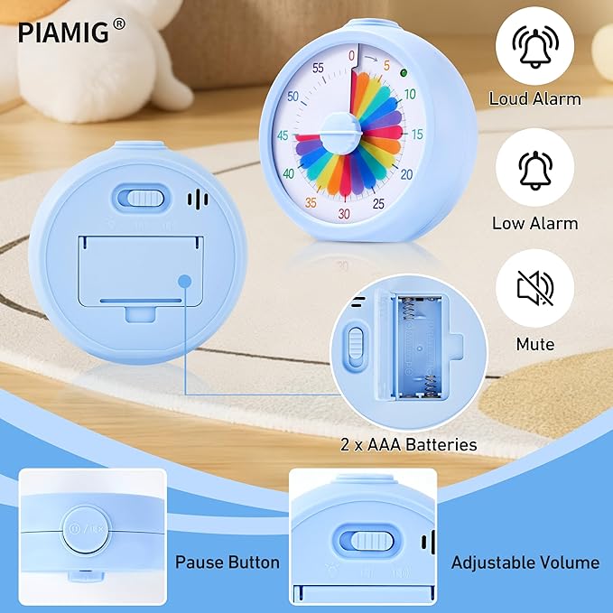 Visual Timer, 60-Minute Countdown Timer for Kids and Adults with Adjustable Volume, Rainbow Design Time Management Tools with Silent Operation, Suitable for Classroom, Office and Home (Blue)