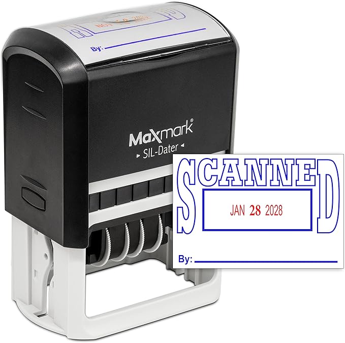 MaxMark Large Self-Inking Rubber Date Office Stamp with Scanned Phrase & Date - Blue/Red Ink, 12-Year Band - Style 5