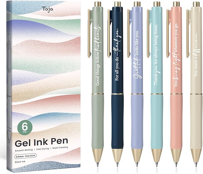 Taja Gel Pens, 6 Pcs Quick Dry Black Gel Ink Pens, 0.5mm Fine Point Smooth Writing Pens for Journaling and Note Taking, Cute Aesthetic Pens for Women & Men-Gratitude