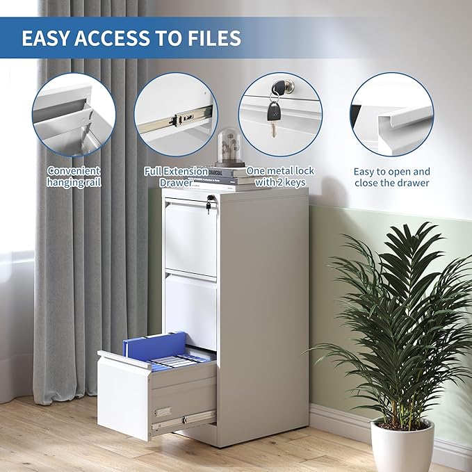 FLIXELIO 3 Drawer File Cabinet with Lock,Metal Vertical Filing Cabinets for Home Office,Heavy Duty File Storage Cabinet for Letter/Legal/A4/F4 Size File,Assembly Require (White, Vertical 3 Drawer)