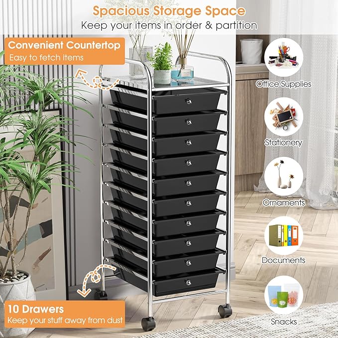 GLACER 10 Drawers Rolling Cart, Storage Cart with w/Removable Drawers & Steel Frame, Utility Mobile Trolley w/Universal Casters & 2 Brakes, Organizer Cart for Home, School, Office (Black)