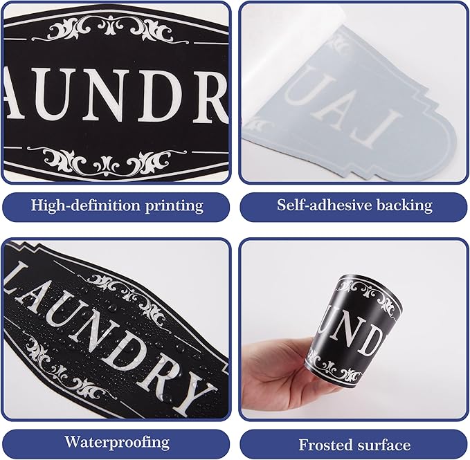 Laundry Room Door Sign for Business and Home，Self-adhesive Waterproof Cute Laundry Room Door Sticker Decals for House, Apartment, Hotel Laundromat Decor（Black）