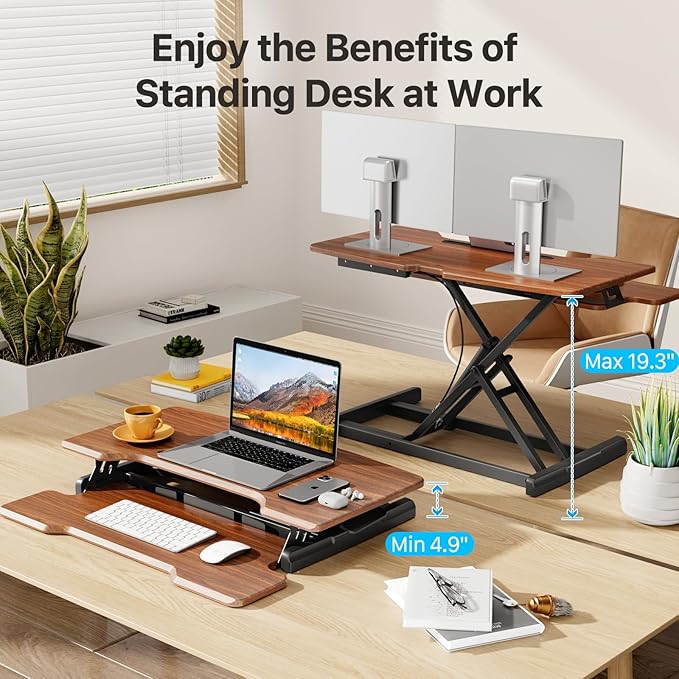 JYLH JOYSEEKER Standing Desk Converter 32 inch, Height Adjustable Sit Stand Desk Riser, Quick Sit to Stand Tabletop Dual Monitor Riser Workstation for Home Office with Keyboard Tray, Dark Wood