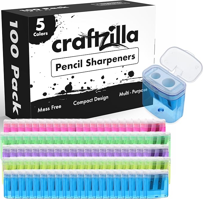 Craftzilla Pencil Sharpener 100 Pack, Manual Pencil Sharpeners Bulk for Kids with Lid, Perfect for School, Office, and Home