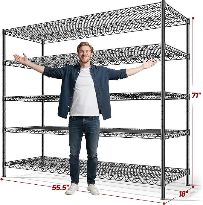REIBII 55.5" W Storage Shelves 3200LBS Metal Shelving 5 Tier Wire Shelving Unit Garage Shelving Heavy Duty Metal Shelves for Storage Rack Commercial Adjustable Pantry Shelf, 55.5" W X 18''D X 71" H