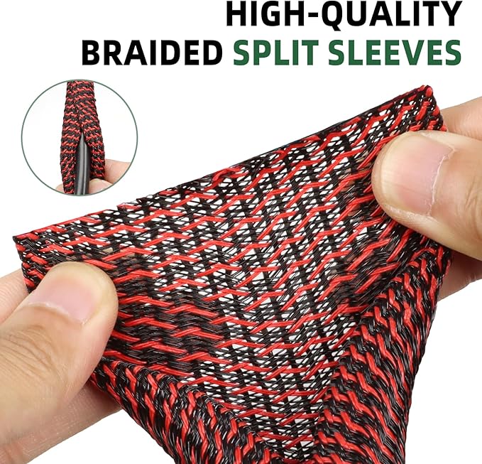 Split Wire Loom Tubing, Cable Protector Sleeve, Braided Cable Management for TV/Computer/Home Theater/Engine Bay, Cord Protectors from Pets No Chew (Red and Black, 1"-10ft)