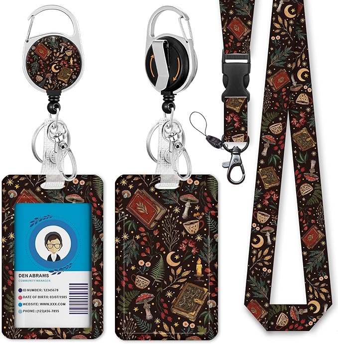 Giancomics Book Mushroom Lanyards for Id Badges, Witchy ID Badge Holder with Retractable Reel, Flower Teacher Lanyard with Keychain Key Clip Carabiner Name Tag Card Holder Protector Office Women Gift