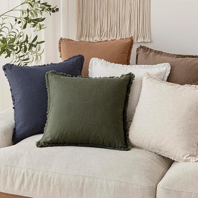 Foindtower Set of 2 Decorative Linen Fringe Throw Pillow Covers Cozy Farmhouse Cushion Cover with Tassels Accent Pillowcase for Couch Chair Sofa Bed Living Room Home Decor,22×22 Inch,Dark Olive Green