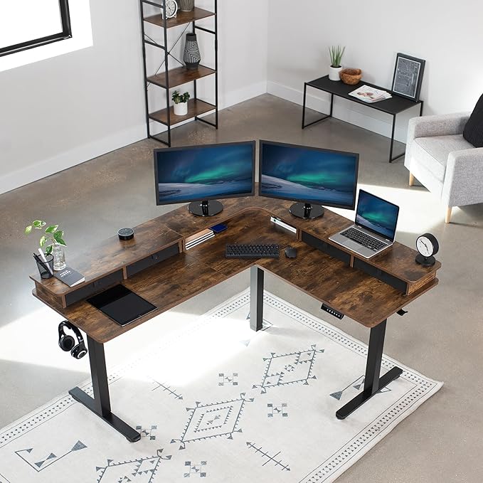 VIVO Electric 2-Tier Corner L-Shaped 63 x 55 inch Standing Desk, Height Adjustable, Memory Controller, Rustic Vintage Brown Top Black Frame, Black Drawers, DESK-E3CVN
