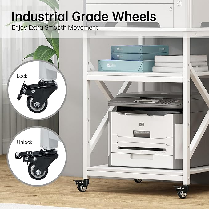 Fannova Large Printer Stand with Height Adjustable Storage Shelf, 23.6 x 23.6 Inches Square Printer Table with Industrial Wheels, Multi-use 3 Tier Rolling Printer Cart for Home Office - White