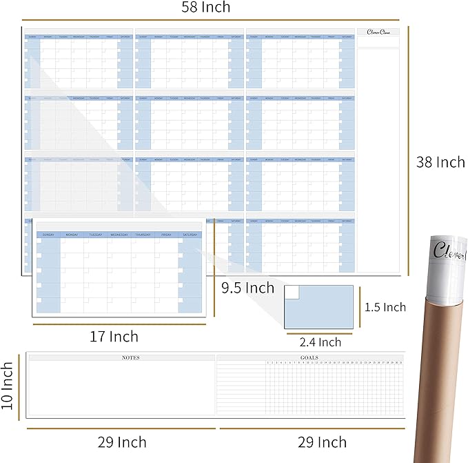 CLEVER CLEAN Large Dry Erase Wall Calendar - 48"x58" 12-month 2026 Undated Yearly Calendar for Home, Office, School Projects - Jumbo Laminated Task Organizer