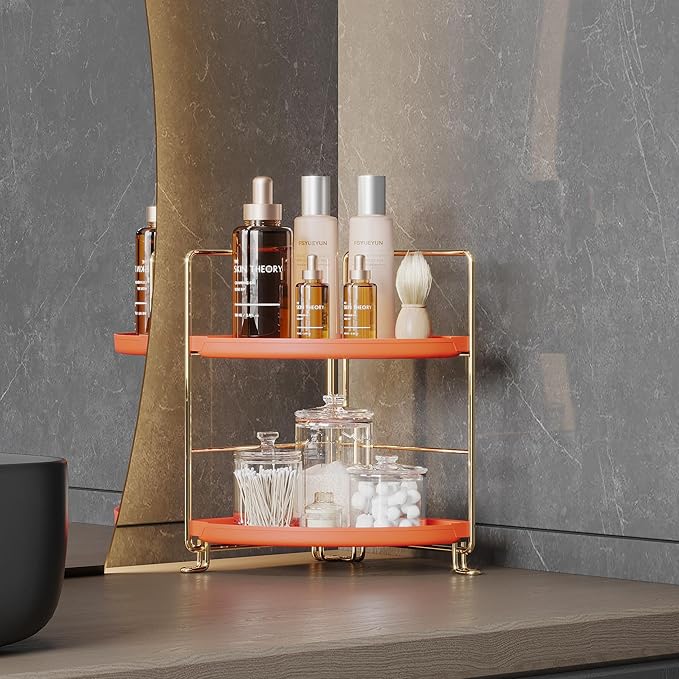 FSyueyun 2-Tier Corner Bathroom Counter Organizer, Tool-Less Installation Corner Vanity Organizer Small Plastics Countertop Makeup Tray Skincare Perfume Organizers (Gold & Orange)