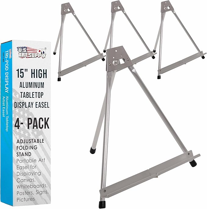 U.S. Art Supply 15" High Aluminum Tabletop Display Easel for Painting (4 Pack), Adjustable Folding Stand - Portable Art Easel for Displaying Canvas, Whiteboards, Posters, Signs, Pictures, Paintings