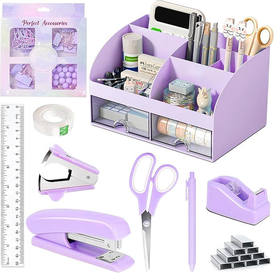 COMFYROOM Desk Accessories with Pen Holder, Office Supplies Desk Organizers and Accessories, Tape Dispenser, Stapler, Staple Remover, Staples, Clips Set, Ruler, Scissor, Pen, Tape (Purple)