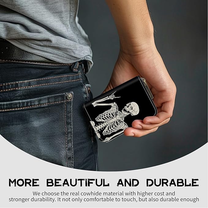 BWEGRHE Cute Credit Card Holder with Zipper, Skull Skeleton RFID-Blocking Card Case Small Wallet for Women Men, Multi-slot Card Organizer Case Travel Accordion Wallet