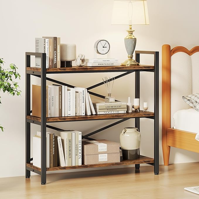 3 Tier Bookshelf 31.49" Width, Wood and Metal Etagere Bookcase, Vintage Farmhouse Modern Wooden Big Book Shelf for Home Living Room Bedroom Office Storage(Rustic Brown)